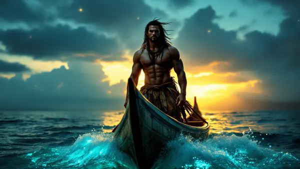 A powerful Polynesian-inspired warrior stands at the bow of an outrigger canoe, gazing toward a mystical ocean horizon glowing with supernatural light.