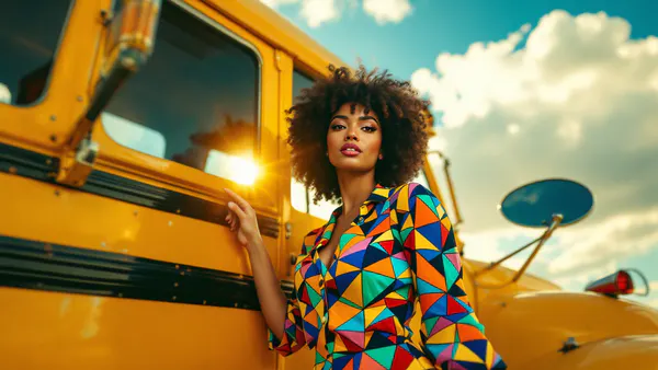 A charismatic educator in a vibrant patterned dress stands confidently beside a retrofuturistic yellow school bus, ready for adventure.