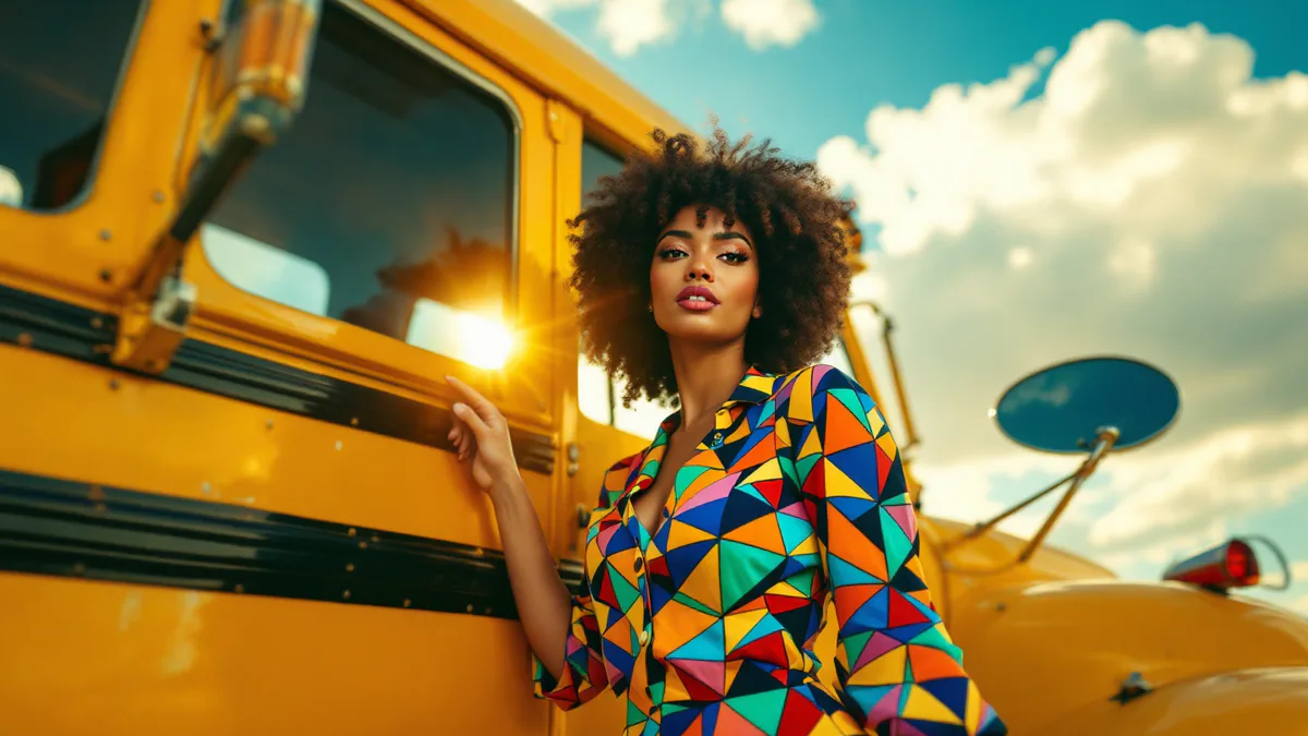 A charismatic educator in a vibrant patterned dress stands confidently beside a retrofuturistic yellow school bus, ready for adventure.
