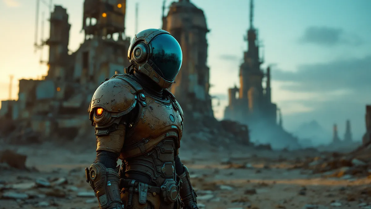 A weathered post-apocalyptic survivor in retro-futuristic armor stands amid nuclear wasteland ruins, bathed in amber and blue light.