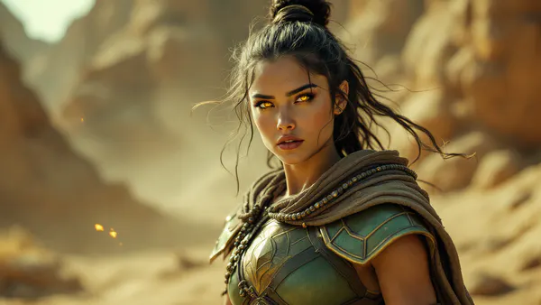 A fierce young warrior in earthbender armor stands grounded and confident, eyes glowing with elemental power, ready for battle.