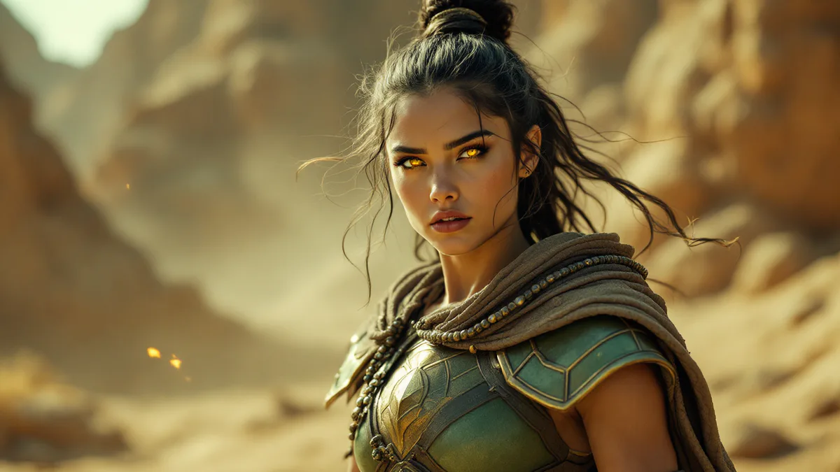 A fierce young warrior in earthbender armor stands grounded and confident, eyes glowing with elemental power, ready for battle.