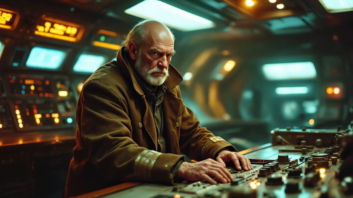 A weathered spaceship captain stands resolute on the bridge of a worn interstellar vessel, bathed in amber and blue light.
