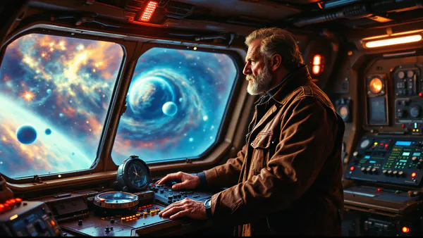 A weathered spaceship captain stands on the bridge of a worn cargo vessel, gazing toward distant stars with determination and nostalgia.