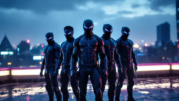 A diverse ensemble of young superheroes in tactical gear stands united against a dramatic urban backdrop, bathed in moody neon and shadow.