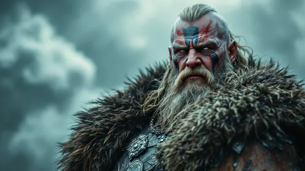 A scarred, battle-hardened warrior in Norse-inspired armor stands against a stormy sky, embodying raw power and weathered gravitas.