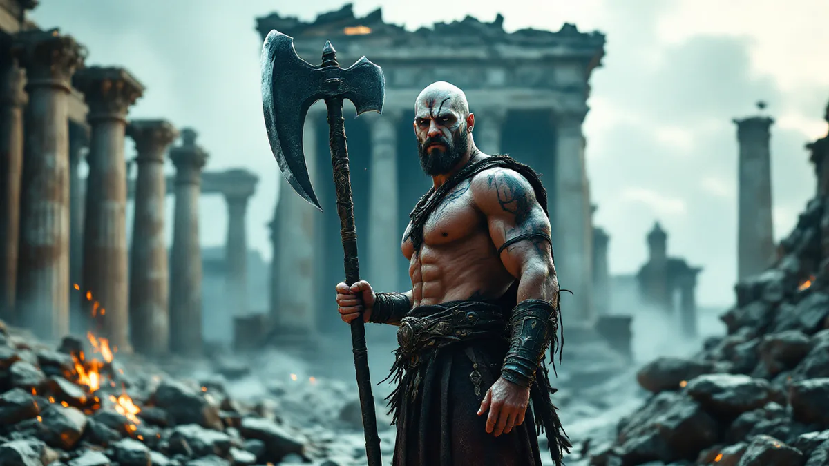 A scarred, battle-hardened warrior in ancient Greek armor stands amid smoldering ruins, axe in hand, embodying raw power and tragic gravitas.