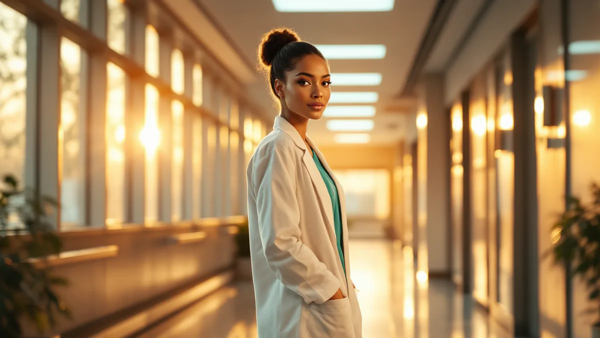 A confident female surgeon in modern hospital scrubs stands in a sleek, contemporary medical facility with warm Texas-inspired lighting and architectural details.