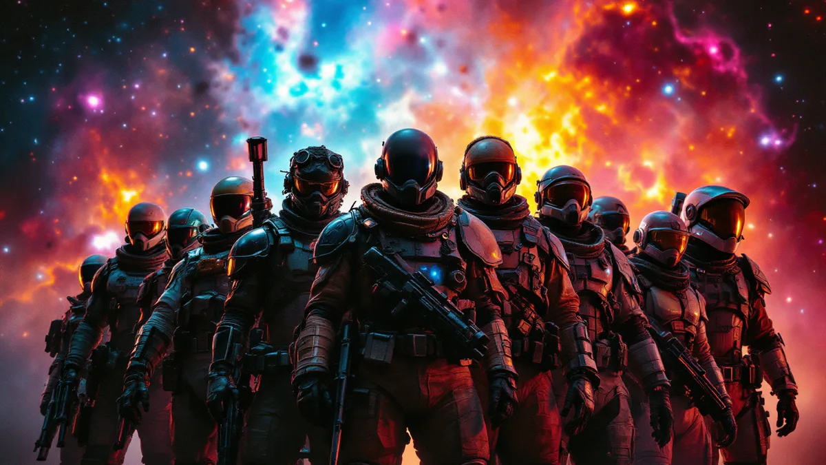 A ragtag team of colorful space outlaws stands ready for battle against a cosmic backdrop, embodying rebellion and camaraderie.