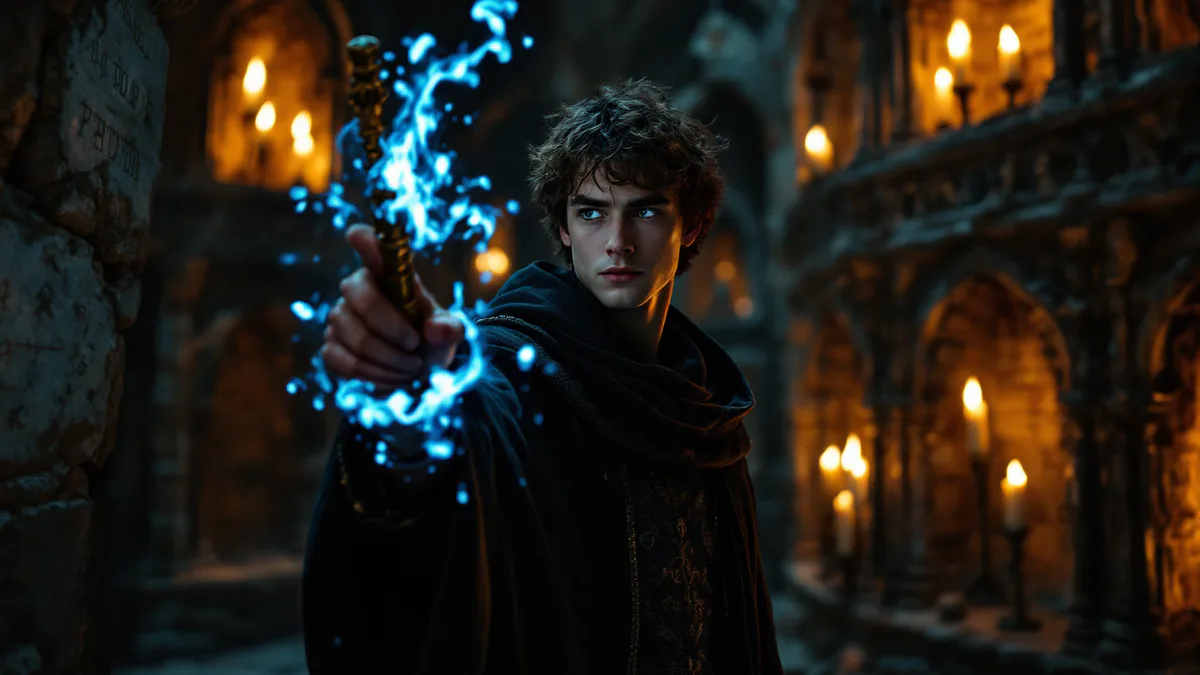 A young wizard in a candlelit stone chamber, clutching a wand with magical energy crackling around them, embodying the wonder and danger of discovering hidden powers.