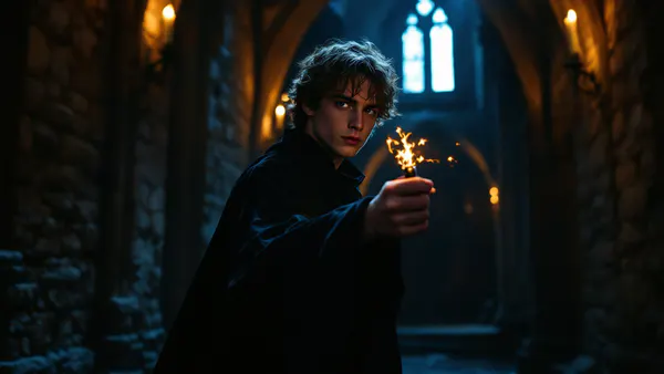 A young wizard in dark robes stands in a candlelit stone corridor, holding an illuminated wand, embodying the gothic magic-school aesthetic.