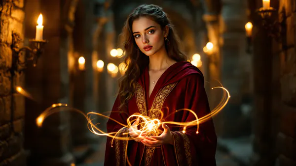 A young woman in Gryffindor robes stands confidently in a gothic stone corridor, magical energy swirling around her, ready to step into an iconic role.