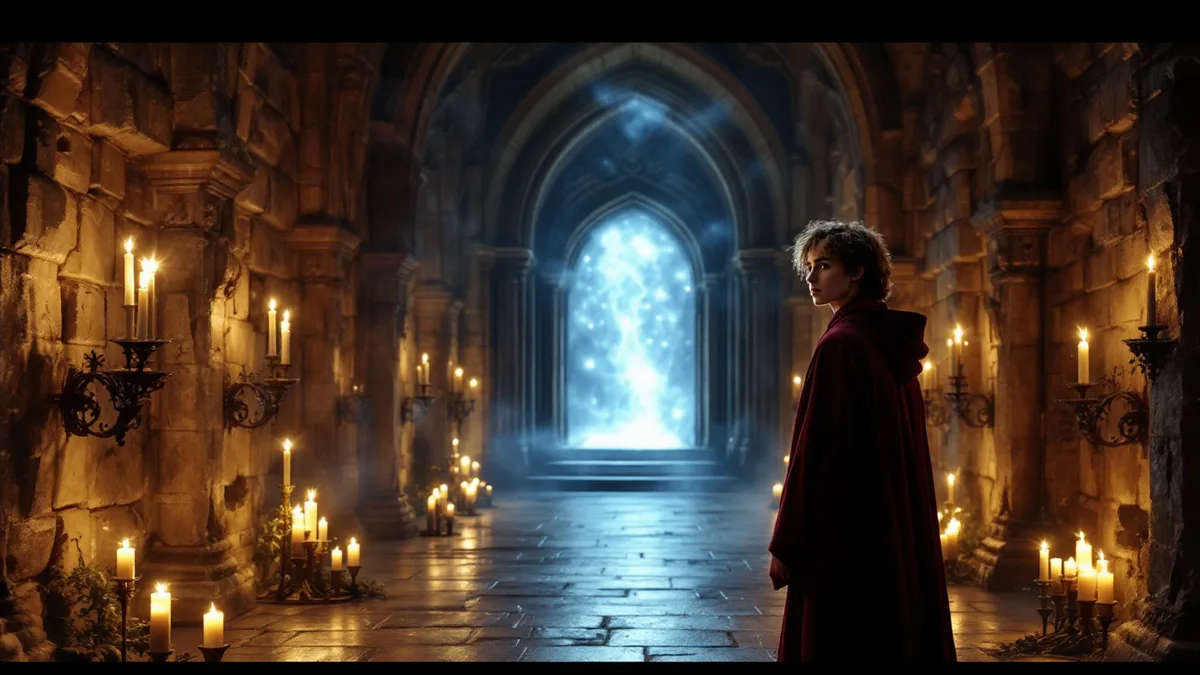 A young wizard in robes stands in a candlelit stone corridor, gazing thoughtfully toward a glowing magical archway, embodying the nostalgia and wonder of a beloved fantasy legacy reimagined.