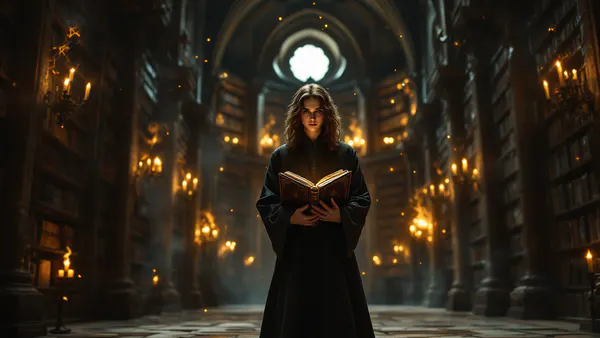 A young wizard student in robes stands in a grand stone library, holding an ancient spellbook, bathed in warm candlelight and magical amber glow.