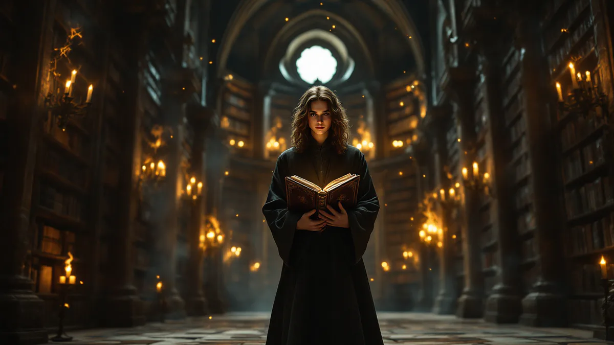 A young wizard student in robes stands in a grand stone library, holding an ancient spellbook, bathed in warm candlelight and magical amber glow.