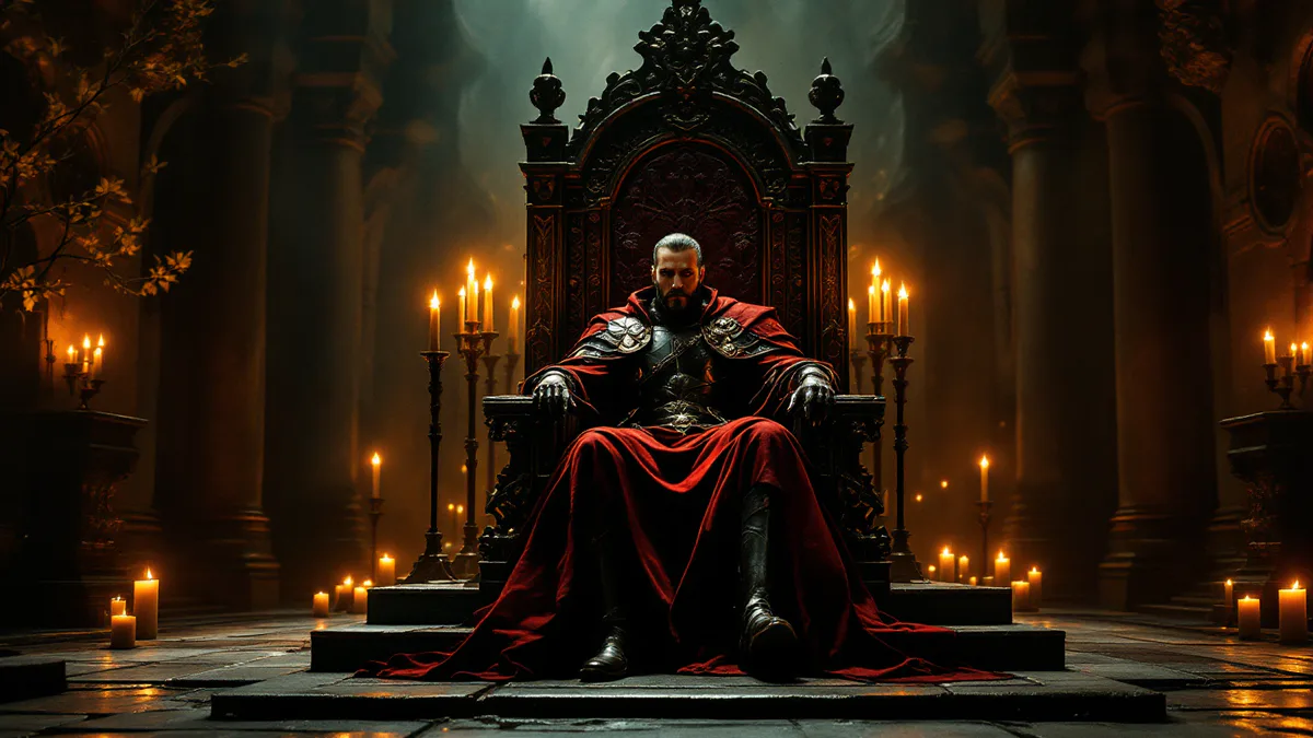 An ambitious medieval fantasy ruler surveys a vast kingdom from a stone throne, bathed in golden candlelight and shadow, suggesting dynasty and power struggles to come.