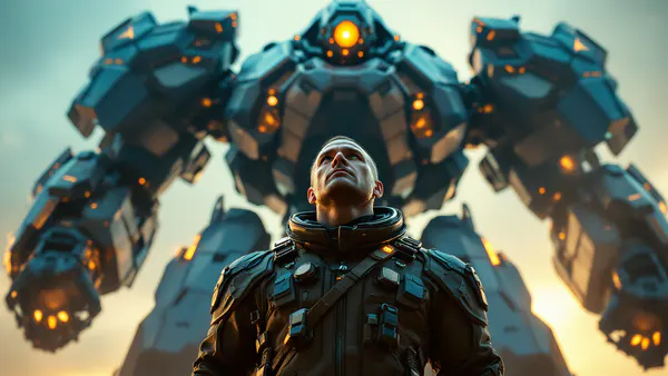 A commanding military pilot in a sleek futuristic uniform stands before a massive modular mecha suit, bathed in cool blue and amber light.