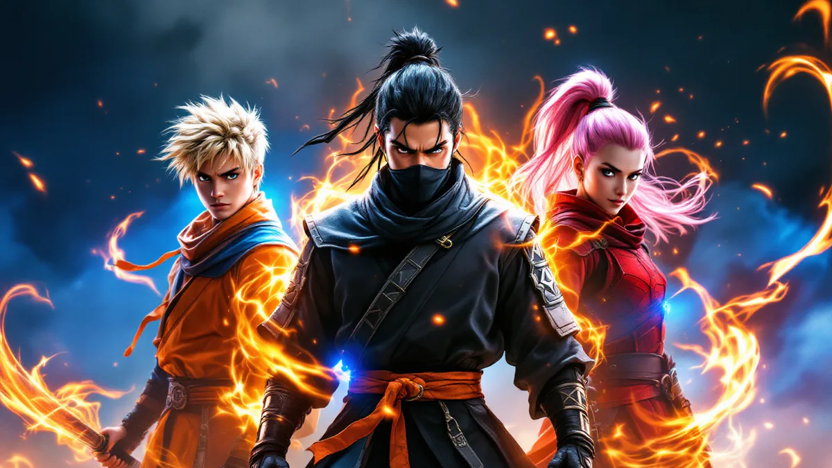 Three young ninja warriors in traditional combat gear stand ready for battle, backlit by glowing chakra energy in a cinematic hero shot.