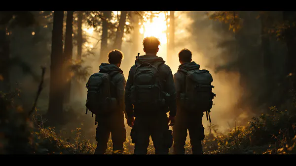 Three young adventurers in tactical gear stand ready for a dangerous expedition, backlit by golden sunlight filtering through a misty forest.