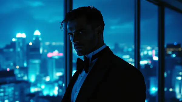 A suave secret agent in formal evening wear stands in a shadowy, sophisticated interior, embodying timeless espionage elegance and dangerous charm.