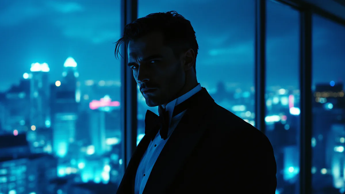 A suave secret agent in formal evening wear stands in a shadowy, sophisticated interior, embodying timeless espionage elegance and dangerous charm.