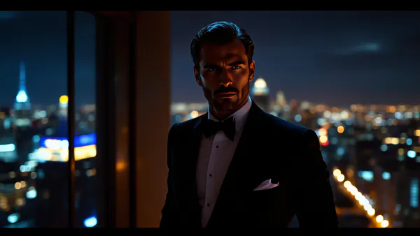 A sophisticated spy in formal evening wear, poised with cool confidence against a sleek, shadowy backdrop of luxury and danger.
