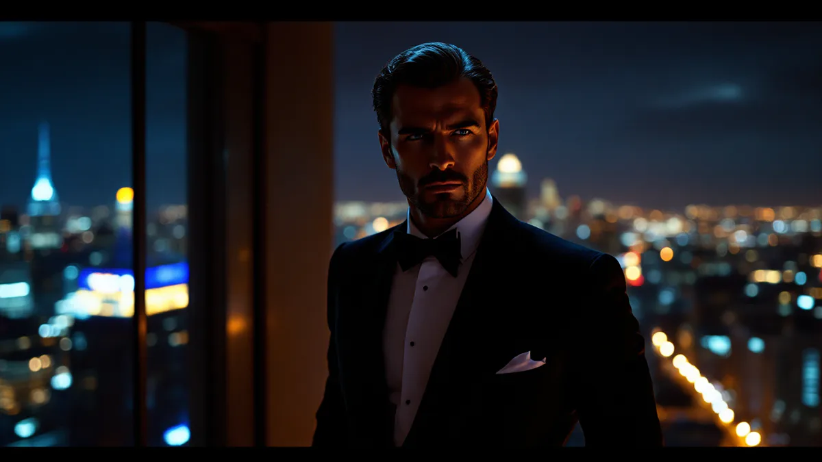 A sophisticated spy in formal evening wear, poised with cool confidence against a sleek, shadowy backdrop of luxury and danger.