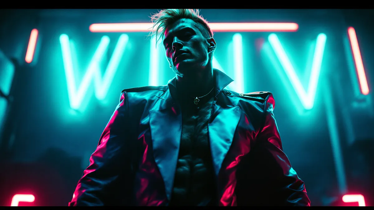 A bold, unconventional superhero figure in a dynamic pose, bathed in moody cinematic lighting that suggests both heroism and irreverent charm.