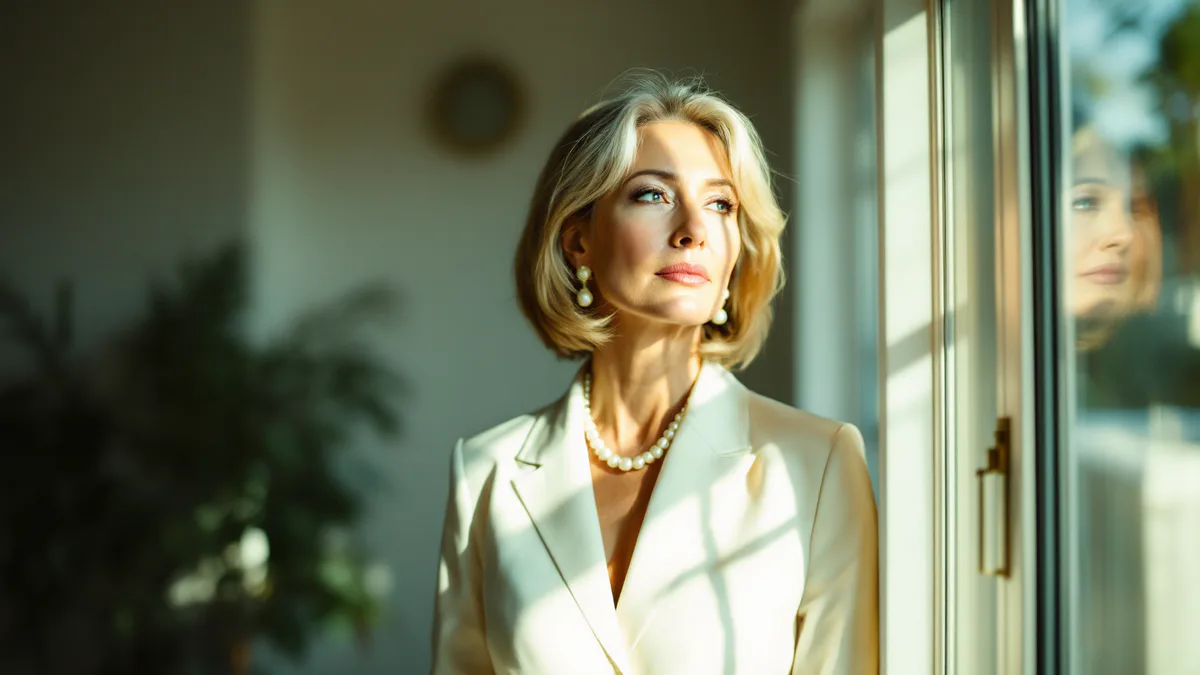 A sophisticated woman in contemporary business attire stands in a modern, sunlit home interior, contemplating family dynamics and wealth disparities.