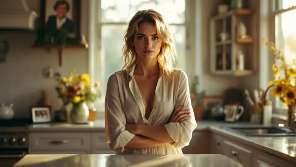 A sophisticated woman in elegant autumn attire stands in a sunlit modern kitchen, surrounded by family portraits and heirloom objects, embodying wealth, secrets, and domestic complexity.