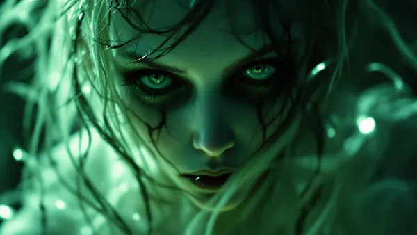 A haunting portrait of a pale, unsettling figure emerging from shadow, embodying Japanese horror manga aesthetics with intricate body horror and psychological dread.