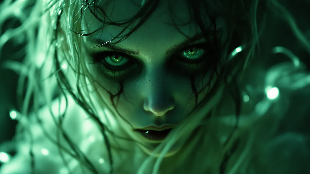 A haunting portrait of a pale, unsettling figure emerging from shadow, embodying Japanese horror manga aesthetics with intricate body horror and psychological dread.