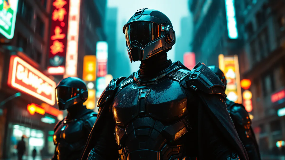 A stern, armored law-enforcement officer in a dystopian megacity, flanked by fellow judges in tactical gear, ready for action.
