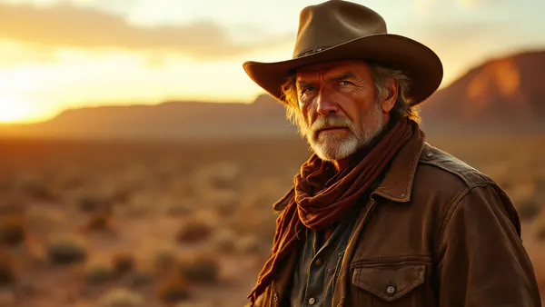 A weathered gunslinger stands at golden hour in an expansive desert landscape, embodying the grit and legacy of classic Western cinema.