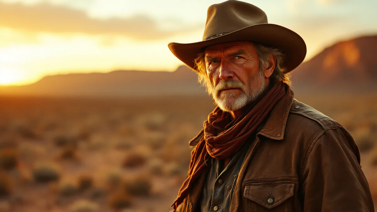 A weathered gunslinger stands at golden hour in an expansive desert landscape, embodying the grit and legacy of classic Western cinema.