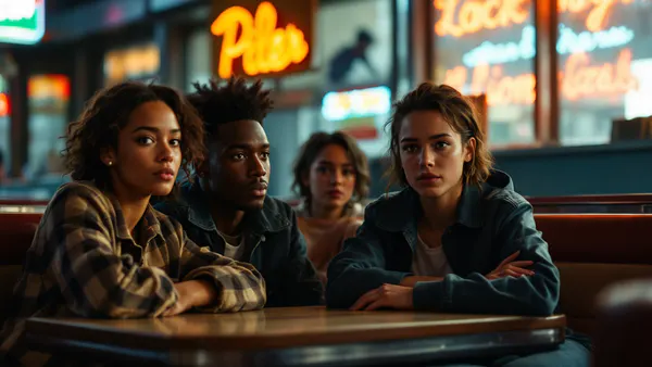 Four young actors in a moody Pacific Northwest diner, bathed in cool neon and natural light, contemplating a moment of connection and uncertainty.