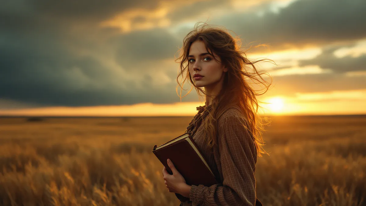 A young pioneer girl stands at the edge of vast golden prairie grassland at golden hour, holding a worn leather journal, with a distant farmhouse silhouette and storm clouds gathering on the horizon.