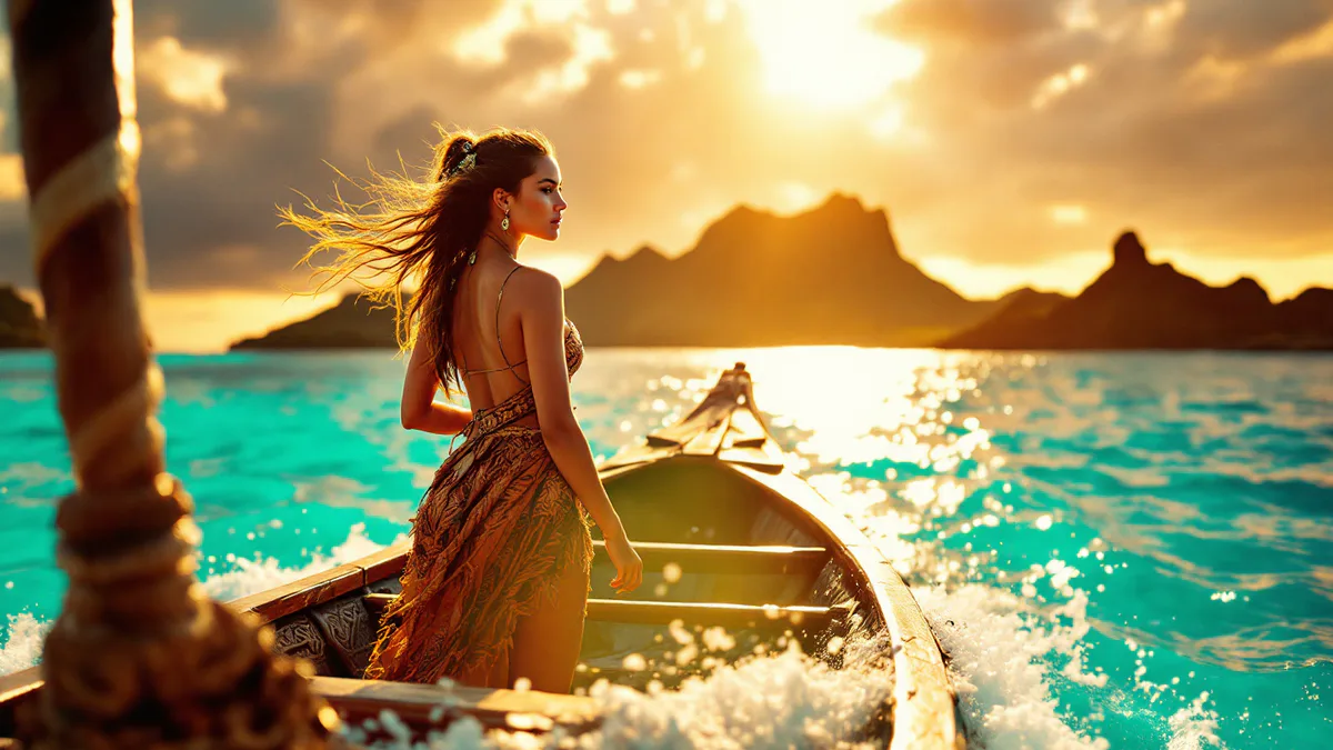 A Polynesian-inspired ocean adventurer stands at the bow of a traditional outrigger canoe, gazing toward a mystical horizon where ocean meets sky.