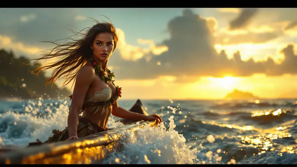 A fearless Polynesian wayfarer stands at the bow of an outrigger canoe, gazing toward a mystical ocean horizon at golden hour.