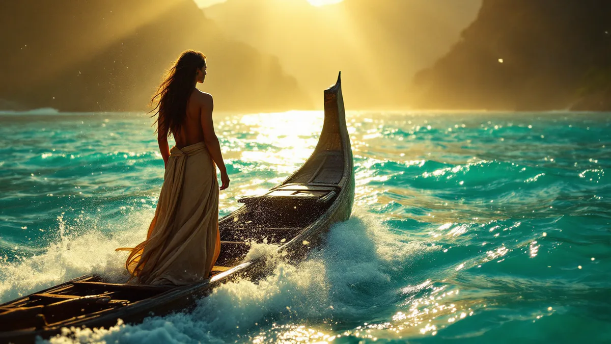 A bold, ocean-swept hero stands at the bow of a traditional outrigger canoe, gazing toward a mystical horizon where sea and sky blur into golden light.