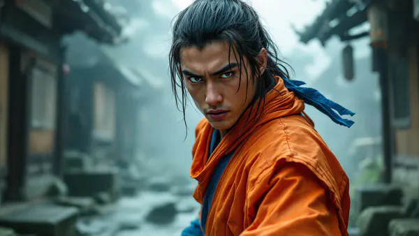A young ninja warrior in traditional Japanese-inspired garb stands ready in a misty village setting, embodying the determined hero archetype.