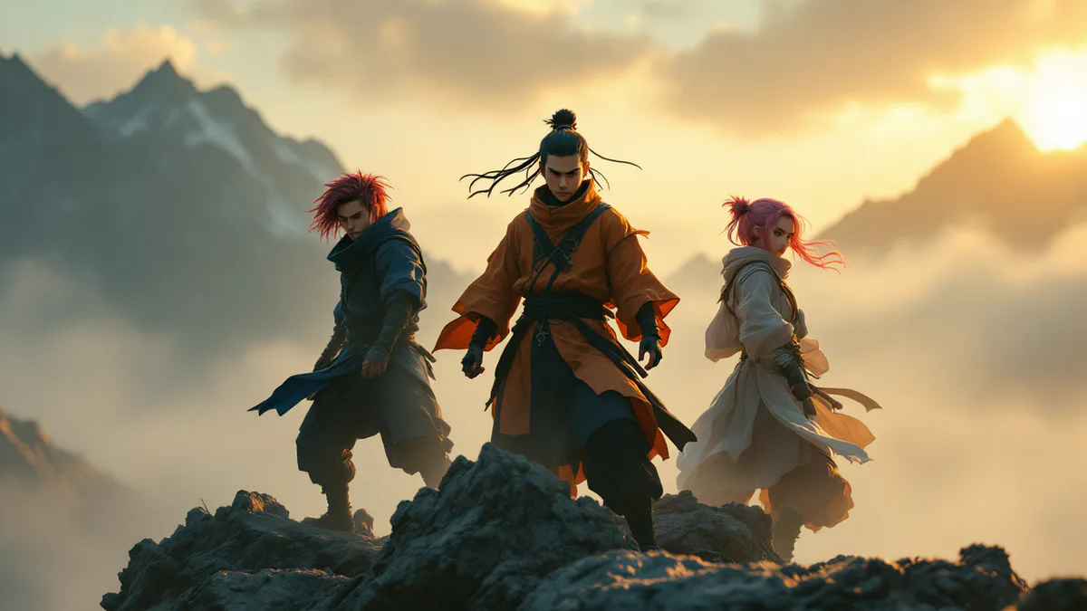 Three young ninja warriors in training gear stand ready for battle, bathed in dramatic golden and blue light against a misty mountain backdrop.
