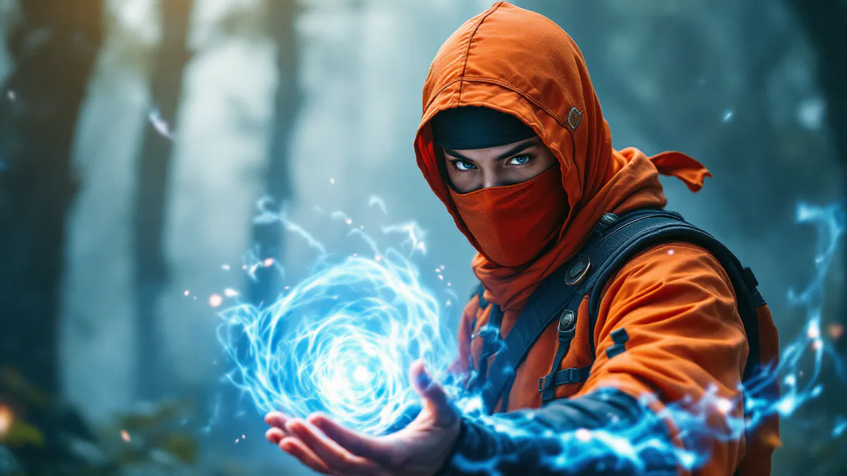 A young ninja warrior in orange and black combat gear stands ready in a mystical forest, embodying determination and hidden power.