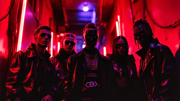 A stylish ensemble of masked rebels in a neon-lit urban setting, embodying edgy anime-inspired fashion and theatrical intrigue.