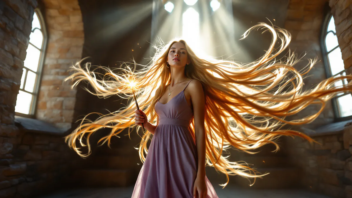 A young woman with long, flowing hair stands in a sunlit tower room, gazing toward a distant kingdom, embodying wonder and yearning for adventure.