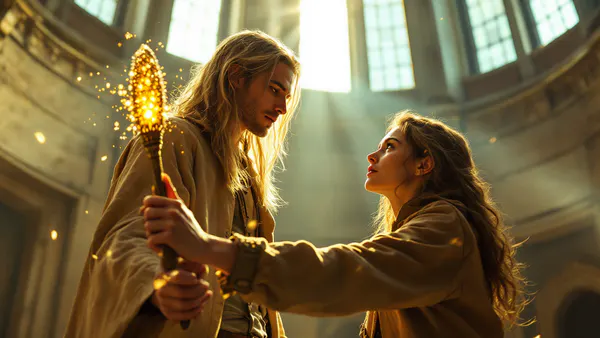 A young man with shoulder-length blonde hair stands in a sunlit tower room, holding a glowing magical paintbrush, while a determined young woman in practical adventure wear reaches toward him from the shadows.