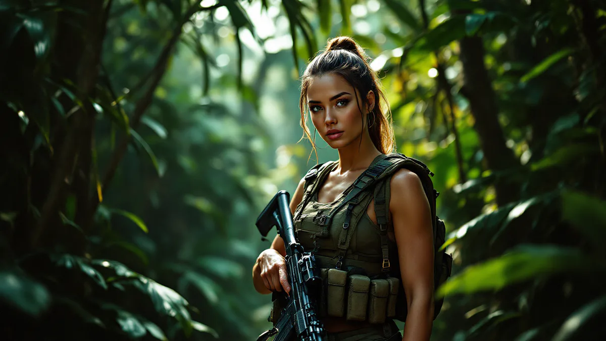 A fierce, determined woman in tactical gear stands amid a lush, dangerous jungle landscape, embodying the intensity of a survival-action thriller.