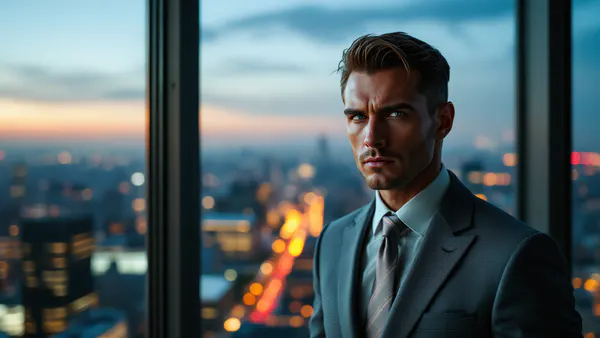 A sleek, morally ambiguous Manhattan executive in tailored minimalism, caught between predatory charm and psychological unraveling.
