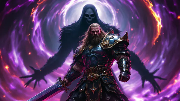 A muscular warrior in ornate fantasy armor stands defiant against a cosmic backdrop, embodying the clash between heroic idealism and dark sorcery.