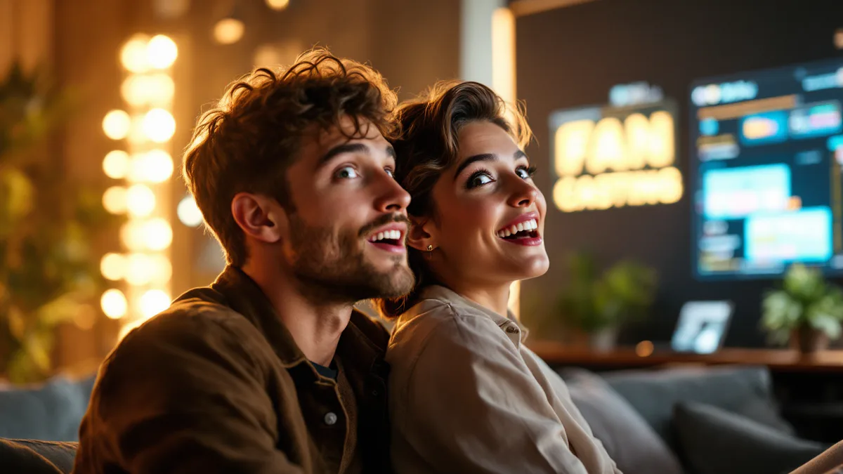 Two young actors in a modern studio setting react with surprise and delight to fan-casting voting results displayed on screens behind them.